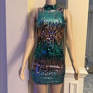 Sequin Sleeveless Dress back out- Green and Gold